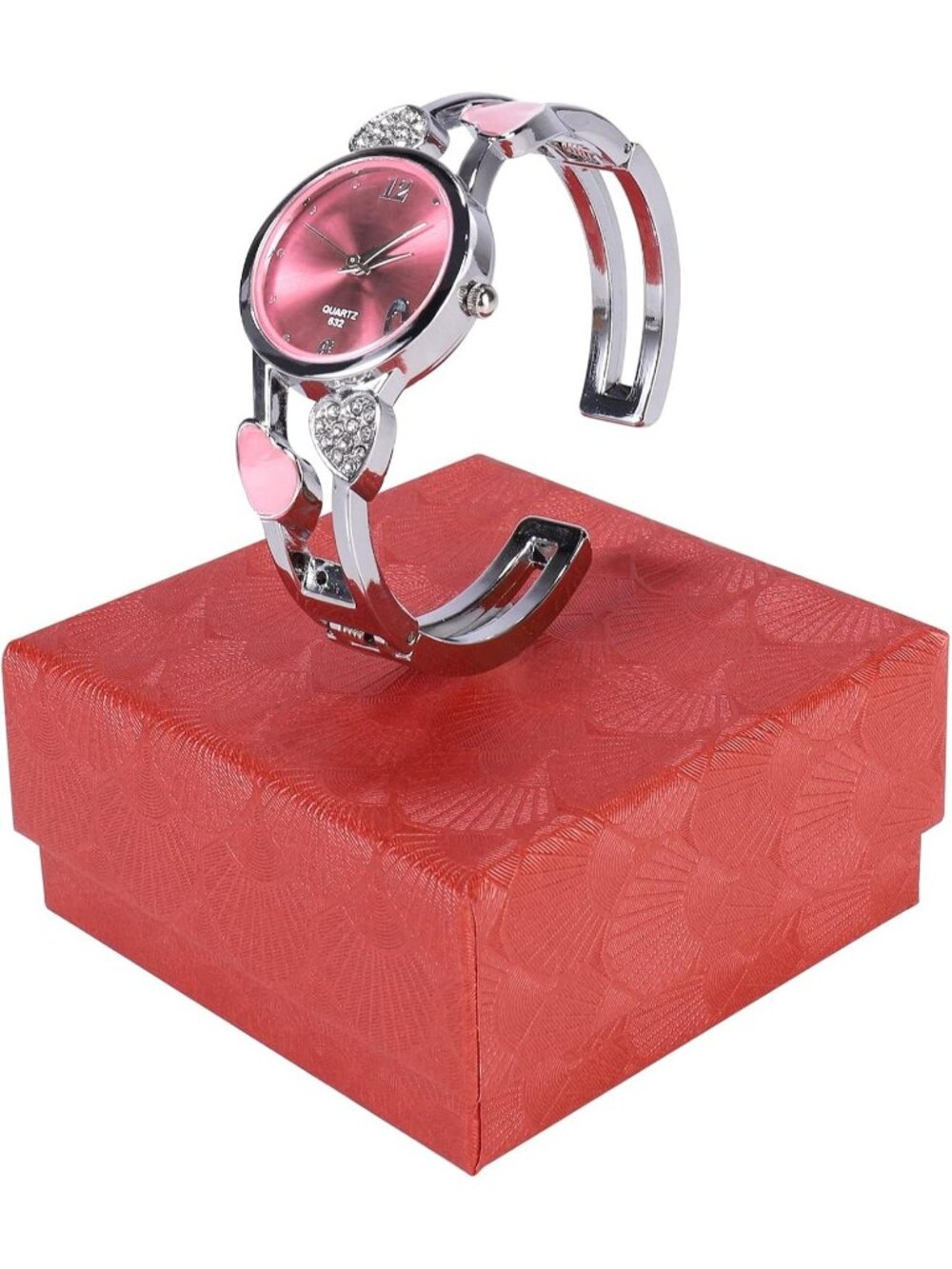 Women's Pink Quartz with Rhinestone Round Dial Stainless Steel Band Cuff Watch - Picture 6 of 7